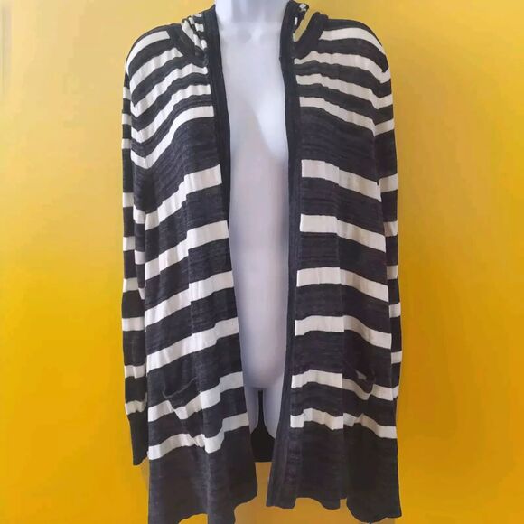 89th & Madison Black and White Striped Cardigan - Picture 1 of 4